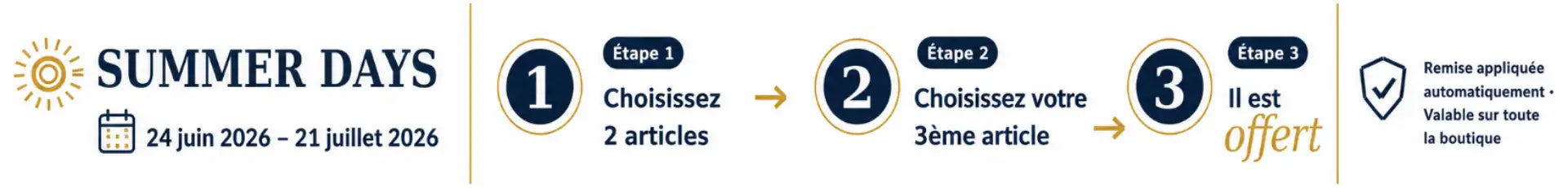 Bannière promotionnelle de l’été pour une vente de vêtements du 24 juin au 21 juillet 2026.