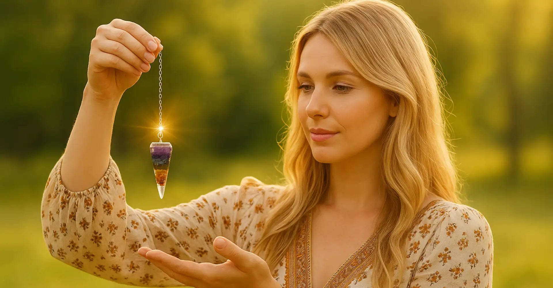 Collier pendentif en cristal de quartz doré avec accents de pierres précieuses violettes et orange.