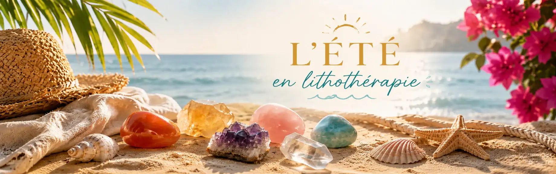 Un ensemble de pierres précieuses et de cristaux colorés et polis disposés sur une plage de sable.