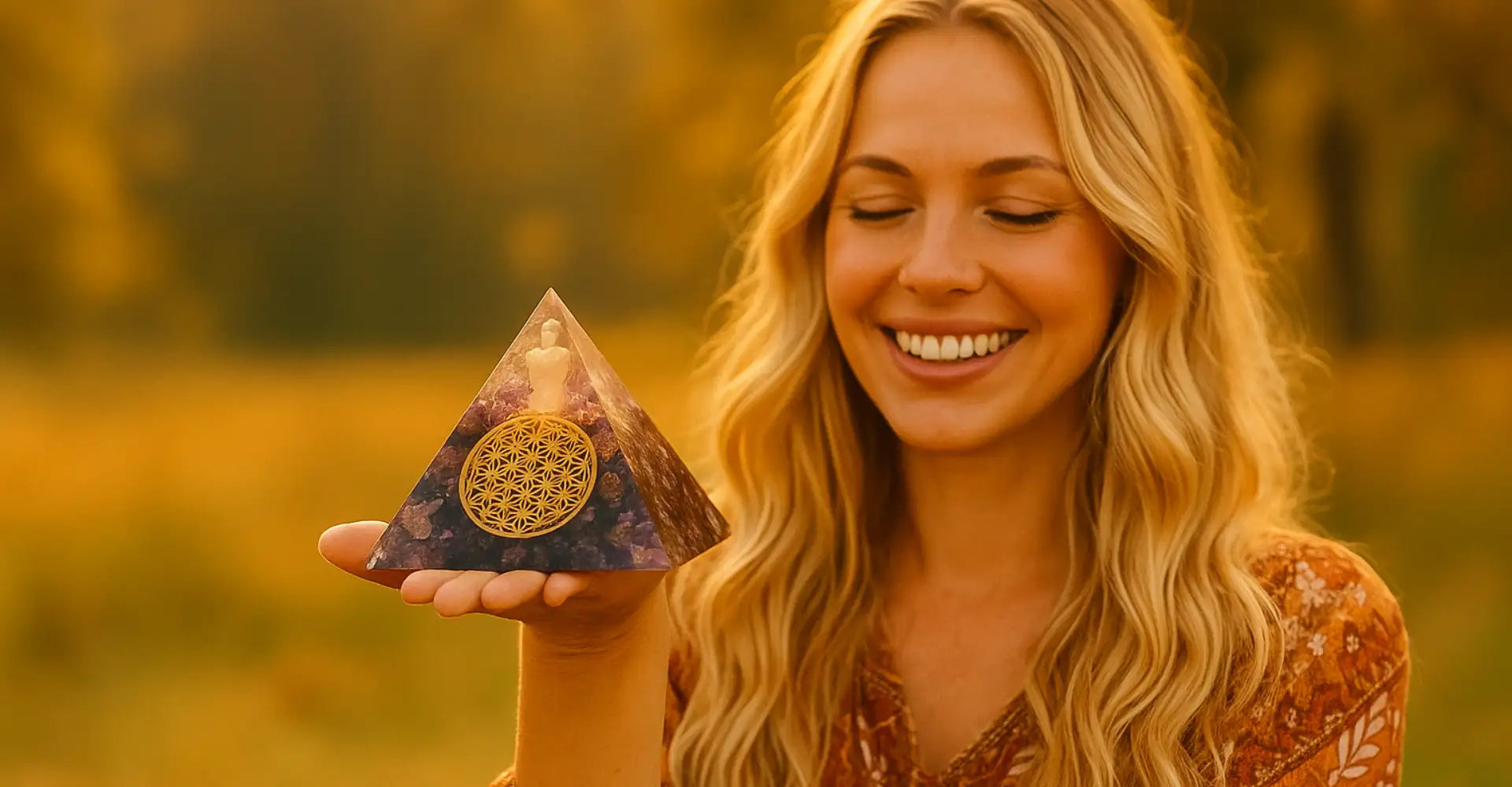 Une pyramide de cristal violet translucide avec un motif floral de vie doré et une figure intérieure.