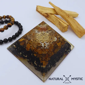 Pyramide Orgone PROTECTION Œil de Tigre Tourmaline Noire pyramide orgonite